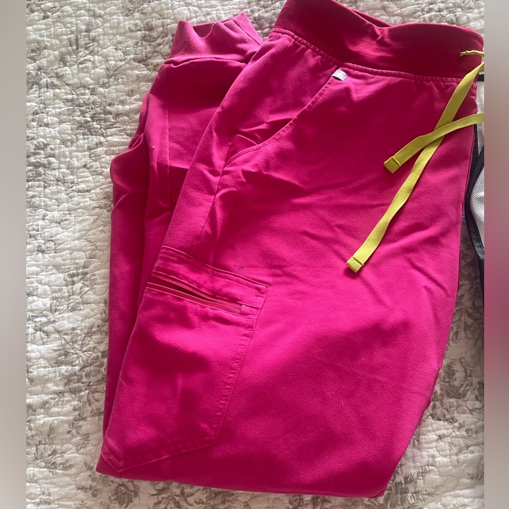 Shocking pink jogger scrub pants figs